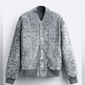 New Zara Silver Metallic Sequin Bomber Jacket Size Large